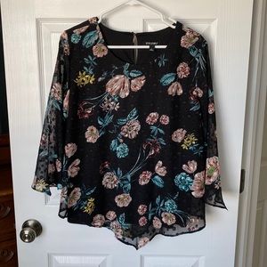Roz & Ali black floral print top - sheer sleeves, shell lining attached- size L